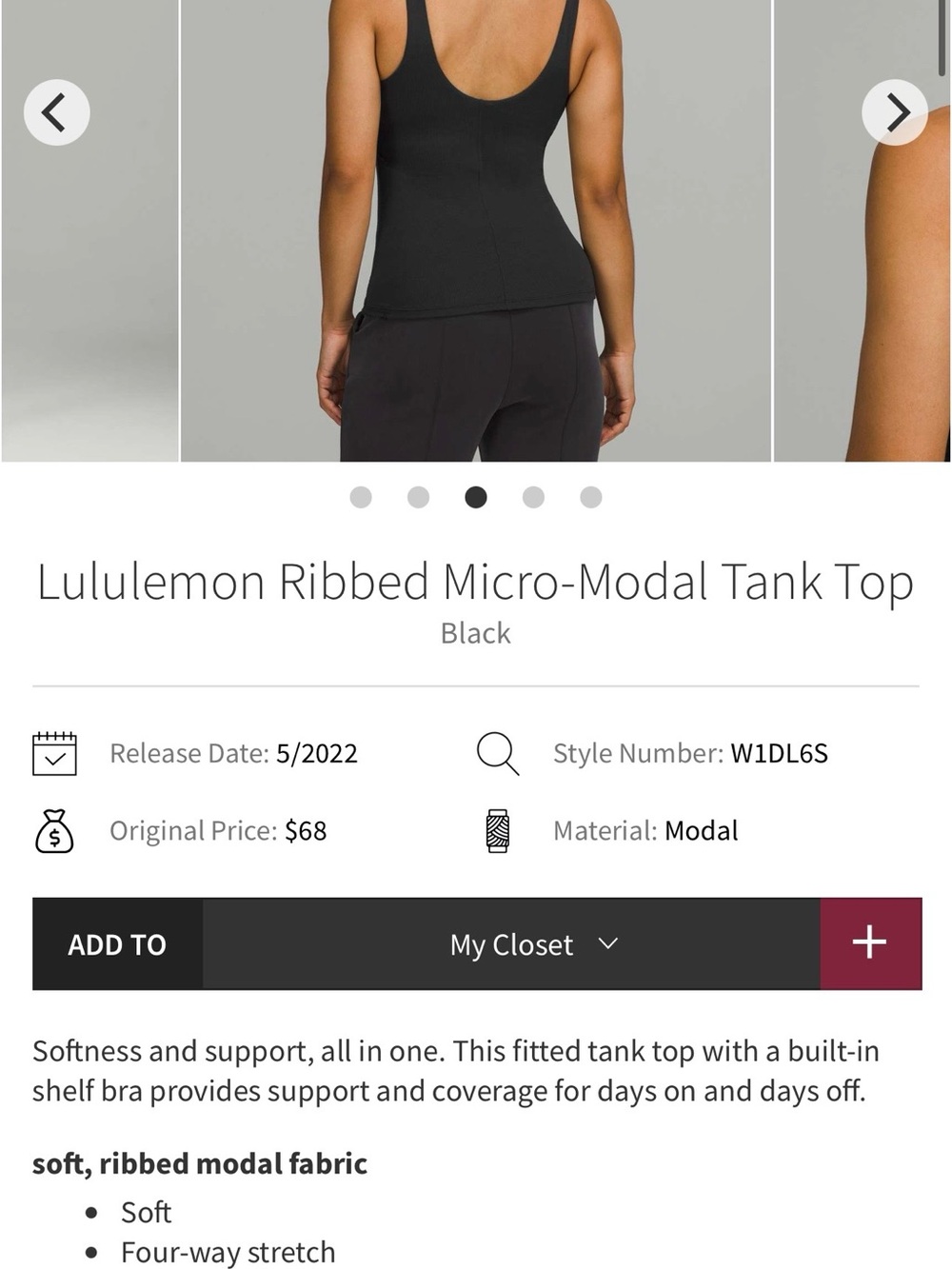 lululemon Ribbed Micro-Modal Tank Top - Black size 12 - Picture 2 of 7